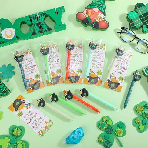 50 Sets St. Patrick's Day Pens Bulk Appreciation Gifts Shamrock Coin Pens Include Greeting Card with Tie and Happy St. Patrick's Day Ballpoint for Friends Office Coworkers(Coin Pot) in Saudi Arabia