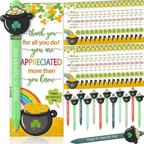 50 Sets St. Patrick's Day Pens Bulk Appreciation Gifts Shamrock Coin Pens Include Greeting Card with Tie and Happy St. Patrick's Day Ballpoint for Friends Office Coworkers(Coin Pot) in Saudi Arabia