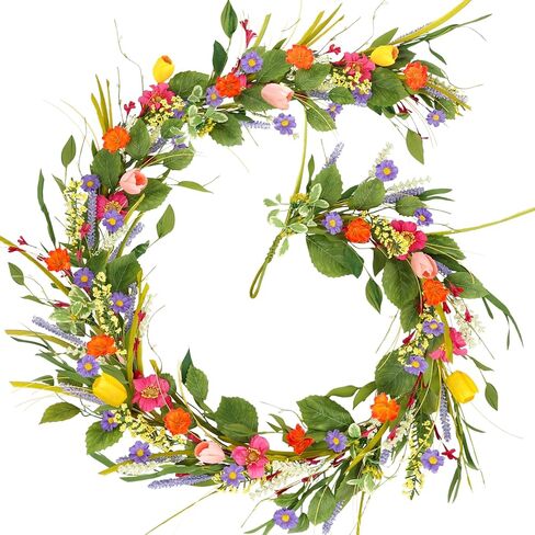 HOHOTIME زهرة التوليب إكليل مع الخزامى، 6FT زهور الربيع الاصطناعية فاينز لشرفة الزفاف درج ديكور داخلي، زهرة برية وهمية عيد الفصح ديكور المنزل in Kuwait