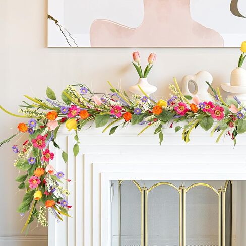 HOHOTIME زهرة التوليب إكليل مع الخزامى، 6FT زهور الربيع الاصطناعية فاينز لشرفة الزفاف درج ديكور داخلي، زهرة برية وهمية عيد الفصح ديكور المنزل in Kuwait