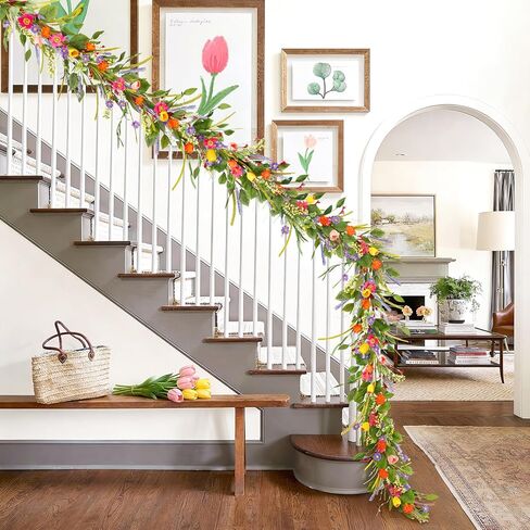 HOHOTIME زهرة التوليب إكليل مع الخزامى، 6FT زهور الربيع الاصطناعية فاينز لشرفة الزفاف درج ديكور داخلي، زهرة برية وهمية عيد الفصح ديكور المنزل in Kuwait
