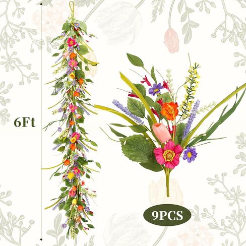 HOHOTIME زهرة التوليب إكليل مع الخزامى، 6FT زهور الربيع الاصطناعية فاينز لشرفة الزفاف درج ديكور داخلي، زهرة برية وهمية عيد الفصح ديكور المنزل in Kuwait