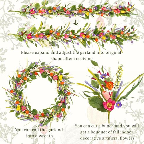 HOHOTIME زهرة التوليب إكليل مع الخزامى، 6FT زهور الربيع الاصطناعية فاينز لشرفة الزفاف درج ديكور داخلي، زهرة برية وهمية عيد الفصح ديكور المنزل in Kuwait