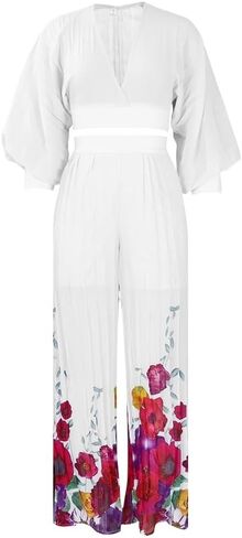 Temperament Chiffon V-Neck Pleated Top Printed Wide Leg Pants Set(White,XX-Large) in Kuwait
