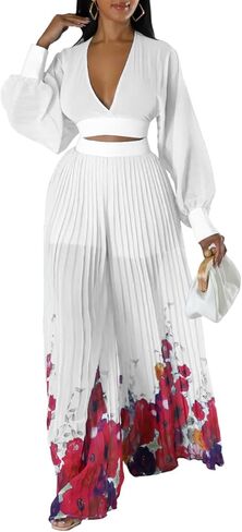 Temperament Chiffon V-Neck Pleated Top Printed Wide Leg Pants Set(White,XX-Large) in Kuwait