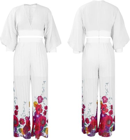 Temperament Chiffon V-Neck Pleated Top Printed Wide Leg Pants Set(White,XX-Large) in Kuwait