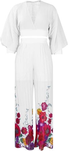 Temperament Chiffon V-Neck Pleated Top Printed Wide Leg Pants Set(White,XX-Large) in Kuwait