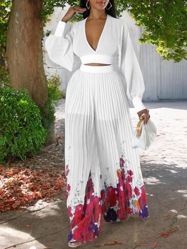 Temperament Chiffon V-Neck Pleated Top Printed Wide Leg Pants Set(White,XX-Large) in Kuwait