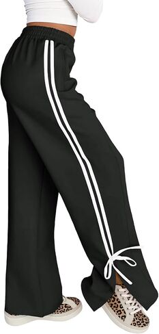 Fisoew Womens Wide Leg Sweatpants High Waisted Side Slit Lounge Travel Track Pants Striped Baggy with Pockets in Saudi Arabia
