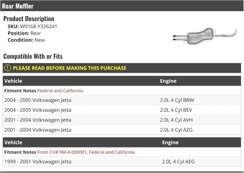 Rear Muffler - Compatible with 1999-2005 Volkswagen Jetta 2.0L 4-Cylinder in Saudi Arabia