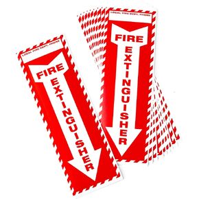 Fire Extinguisher Sign, Down Arrow Stickers, Pack of 10 (4 x 12"), Red and White Design Includes Space for Local Fire Department Phone Number