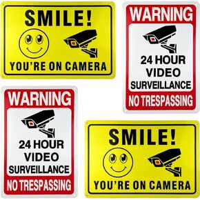4-Pack Smile You're On Camera Warning Signs, 24 Hour Video Surveillance Sign, Waterproof, Rust -Free Security Warning Signs for Outdoor Yard Indoor Business