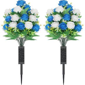 2 Sets Artificial Cemetery Flowers,Artificial Cemetery Flowers with Vase,Memorial Flowers,Artificial Rose Bouquet Graveyard Memorial Flowers for Cemetery Headstones Decoration (Dark Blue and white)