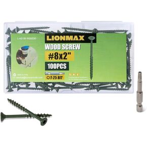 LIONMAX Deck Screws 2 Inch, Wood Screws #8 x 2", 100 PCS, Rust Resistant, Exterior Epoxy Coated, Outdoor Decking Screws, Torx/Star Drive Head Screw, T25 Star Bit Included, Green in Saudi Arabia