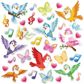 Whaline 61Pcs Sping Birds Cutouts Colorful Singing Birds Butterfly Musical Notes Bulletin Board Decoration Cute Birds Cut-Outs with Glue Point for School Classroom DIY Craft Projects