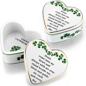 2 Pcs First Communion Gifts Irish Shamrocks Porcelain Heart Shaped Keepsake Box Baptism Confirmation Jewelry Box with Irish Blessing Prayer and Shamrock in Green