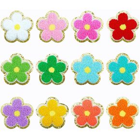 SaktopDeco 12 PCS Flower Patches Chenille Patches Gold Edges Colorful Flower Iron On Patches Sew On Patches for Clothes Dress Jeans DIY Accessories