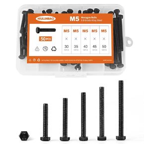 M6 x 40mm 45mm 50mm 55mm 60mm Heavy Duty Hexagon Bolts Hex Head Screws, 8.8 Grade Alloy Steel, Black Oxide Finish, Metric, Machine Fully Thread, Assortment Kit 25PCS