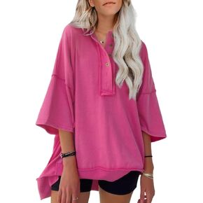 AlvaQ Womens Oversized Short Sleeve Sweatshirt Summer Casual Loose Button Down Henley V Neck Pullover Tunic Tops Shirts in Kuwait