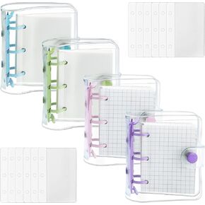 YETOOME 4 Pack Mini Transparent 3 Ring Binder Covers with Mini Binder Inner Paper and Pockets Clear Soft PVC Notebook Closure Loose Leaf Folder Round Ring Binder Cover Protector with Snap Button