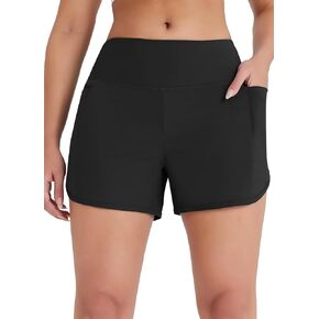 Emlovm Women's 4" Swim Shorts High Waisted UPF50+ Board Shorts Tummy Control Swimsuit Bottoms with Liner and 3 Pockets