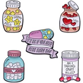 Cartoon Stars Happy Pill Brooch Bottle Enamel Pin Take Care Pill Bottle Enamel Pin Set Love Pill It's OK If You Need Meds Every Day Brooch Badge Creative Cute Pills Medicine Bottle Lapel Pin women