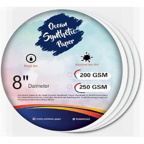 Ocean Synthetic Paper Alcohol Ink Paper 250 GSM, 8 inch,10 Sheets, Round / Circle Shape, Alcohol, Acrylic, Gouache, Fluid Art White Sheets, Stain Free, Reusable Paper