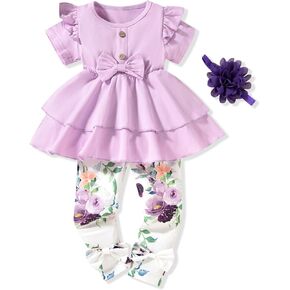 HINTINA Infant Toddler Girl Clothes Solid Color Top Floral Pants Spring Summer Outfits