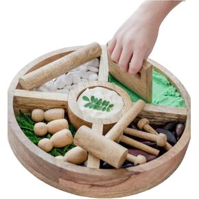 Wooden Tinker Tray & Pounding Set – Montessori Sensory Play Tray with Peg Dolls, Wooden Nails, Hammer & Playdough Tools for Fine Motor & Imaginative Play