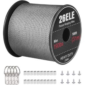 26ELE Picture Hanging Wire 190lbs, Heavy Duty Stainless Steel Wire Rope for Hanging Picture Frame Mirror and Wall Art, Strong Metal Wire 100Feet with 20PCS Crimping Sleeves, 4 D Rings and 8 Screws