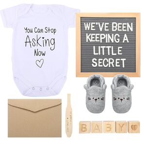 إعلان الحمل من Floraltop للأجداد والأب، يتضمن إعلان مفاجأة الطفل لوحة أحرف من اللباد وملابس أطفال وأحذية أطفال ومكعبات خشبية لاختبار الحمل الإيجابي وبطاقة الكشف in Kuwait