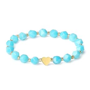 Handmade Original 8MM Natural Faceted Gemstone Beaded Stretch Bracelet 18K Gold Plated Heart Charm Healing Crystal Bracelet for Women Valentines Day Gifts (Black Agate)
