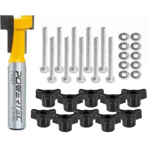 POWERTEC 73032 Carbide Tipped T Slot Router Bit 7/16" Dia. x 3/16" H x 1/4" Shank (1-PC) with T-Track Knobs Kit Including 1/4"-20 x 1-1/2" Hex Bolts and Washers (Set of 10)