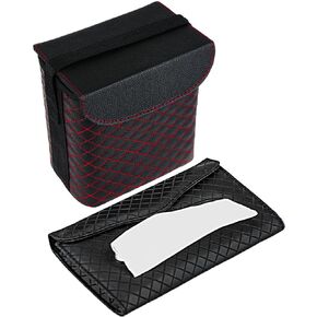 BELINOUS Refined Leather Car Trash Can with Matching Tissue Holder, Waterproof and Leakproof Car Trash Bin, Car Garbage Can with Adjustable Strap
