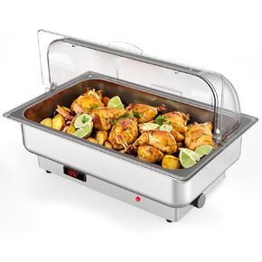 Rectangular Chafing Dish Electric Buffet Set with Temperature Control, 9QT Roll Top Stainless Steel Food Servers and Warmers with Transparent Lid for Catering Wedding and Parties