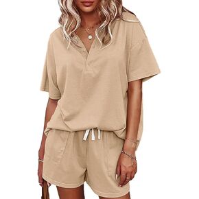 AGSEEM 2 Piece Outfit for Women Lounge Sets Tracksuit Button Down Top and Shorts Set with Pockets