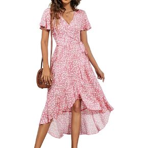 Naggoo Women's Summer Wrap Floral V Neck Ruffle Short Sleeve Beach Midi Dress