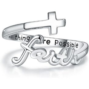 Cross Ring, Faith Ring Sterling Silver Adjustable Cross Wrap Ring Christian Fashion Band Ring for Women Girls Daughter Girlfriend Gift