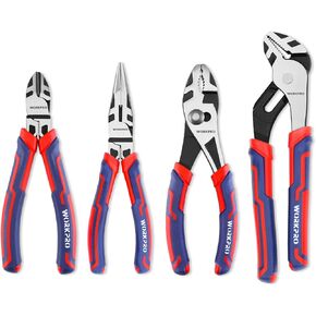 WORKPRO 4-Piece Pliers Set, Premium CR-V Construction Pliers Tool Sets Including Long Nose, Diagonal Cutting, Groove Joint and Slip Joint Pliers（Red）