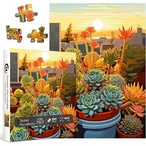 Succulents Plant Puzzles for Adults 1000 Pieces, Cactus Succulent Sunset Jigsaw Puzzles, Nature Flower Garden Retro Art Puzzles as Succulent Lover Gifts