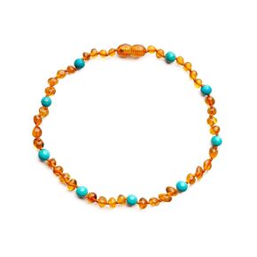 Baltic Proud Amber Necklace for Women and Men (Authentic, Certified) - 18 inches, Cognac Turqouise Polished) - Unisex Amber Jewelry for Adults - Amber Bead Necklace