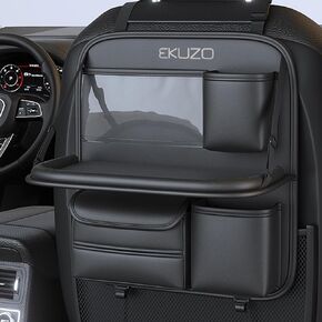 Back Seat Car Organizer with Tray,Foldable Car Table for Backseat Headrest with Big Pockets Waterproof Leather (Black)