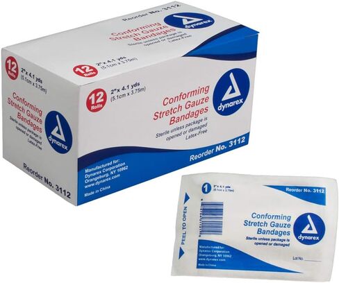 Dynarex Stretch Gauze Bandages, 2" x 4.1 yds, Sterile & Latex-Free, Wound Care in Medical and Home Environments, 1 Box of 12 Dynarex Stretch Gauze Bandages in Saudi Arabia