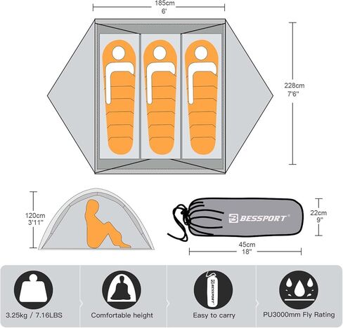 Bessport Camping Tent for 2-3 Person, Lightweight Backpacking Tent Waterproof Windproof Two Doors Easy Setup Double Layer Outdoor Tents for 3 to 4 Seasons, Suitable for Outdoor,Hiking,Camping in Kuwait