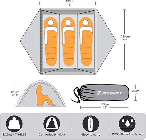 Bessport Camping Tent for 2-3 Person, Lightweight Backpacking Tent Waterproof Windproof Two Doors Easy Setup Double Layer Outdoor Tents for 3 to 4 Seasons, Suitable for Outdoor,Hiking,Camping in Saudi Arabia