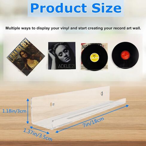 BiJun الفينيل جدار جبل، 10 حزمة رفوف سجل الفينيل الاكريليك حامل سجل الجدار عرض 7 بوصة الفينيل سجل الرف سجل تخزين مجموعة لعرض ألبوم الفينيل في مكتب المنزل (واضح) in Kuwait