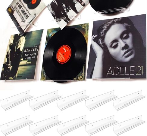 BiJun الفينيل جدار جبل، 10 حزمة رفوف سجل الفينيل الاكريليك حامل سجل الجدار عرض 7 بوصة الفينيل سجل الرف سجل تخزين مجموعة لعرض ألبوم الفينيل في مكتب المنزل (واضح) in Kuwait