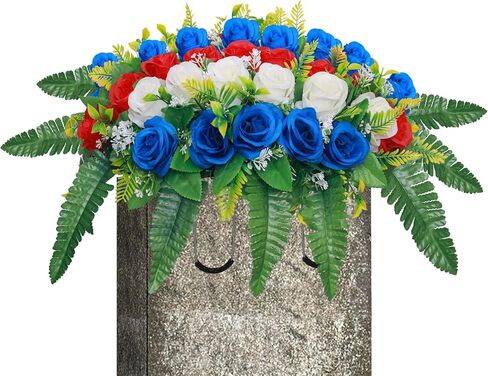 Lodou Artificial Cemetery Flowers, Silk Flower Arrangement,Artificial Rose Bouquet Grave Memorial Flowers with Headstone Saddle for Graveyard Headstones Decoration (1, Blue and White) in Saudi Arabia