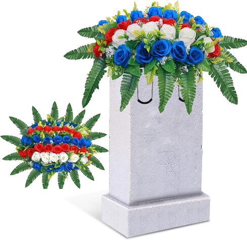 Lodou Artificial Cemetery Flowers, Silk Flower Arrangement,Artificial Rose Bouquet Grave Memorial Flowers with Headstone Saddle for Graveyard Headstones Decoration (1, Blue and White) in Saudi Arabia