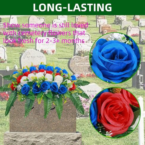Lodou Artificial Cemetery Flowers, Silk Flower Arrangement,Artificial Rose Bouquet Grave Memorial Flowers with Headstone Saddle for Graveyard Headstones Decoration (1, Blue and White) in Saudi Arabia